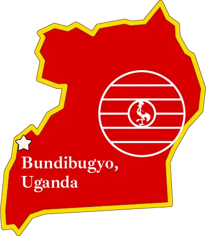 Uganda map in Ugandan flag yellow and red contains the Ugandan rooster symbol and a star on Bundibugyo where Huruma single-origin cocoa beans grow