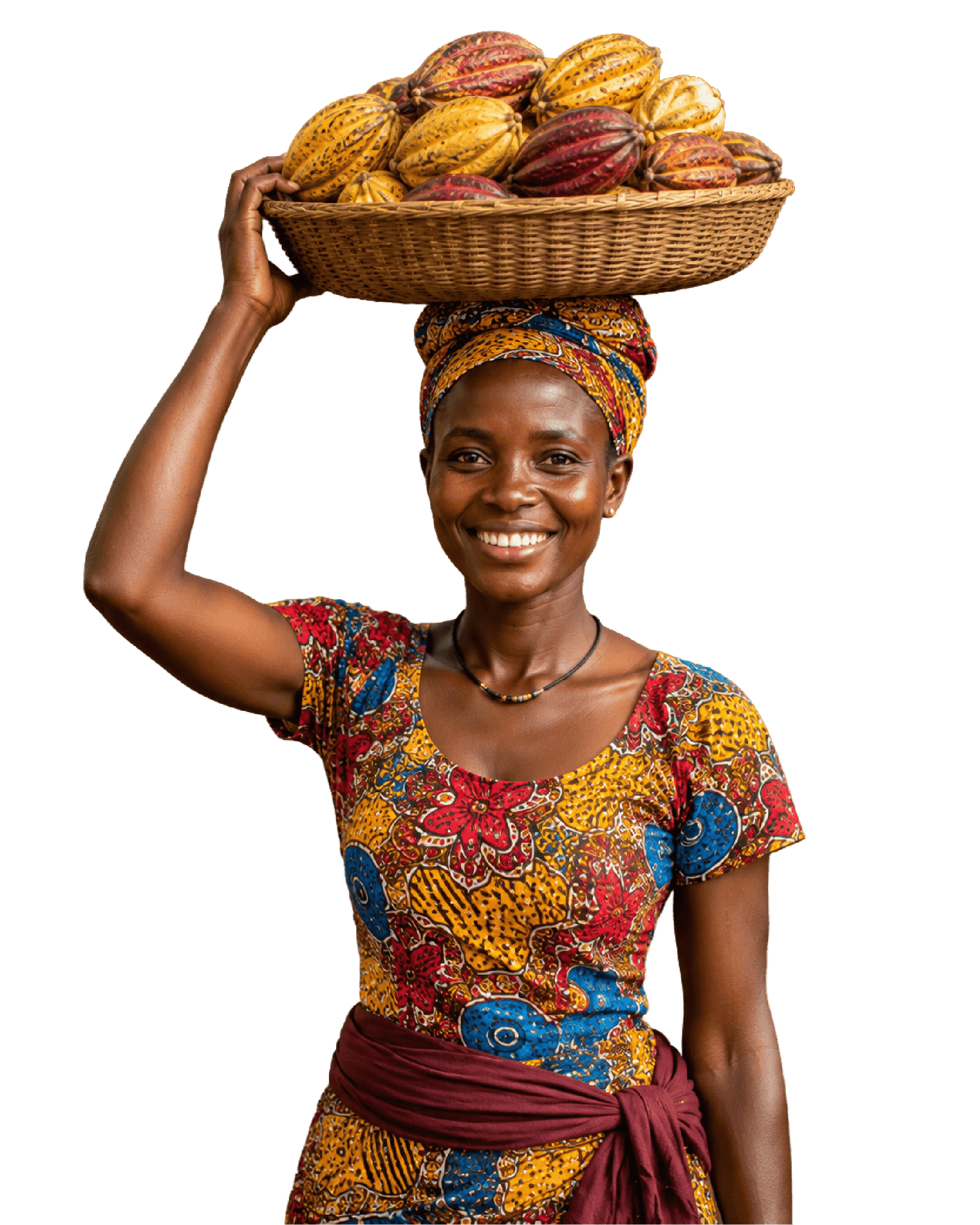 Ugandan woman carrying a basket of cocoa beans AI generated